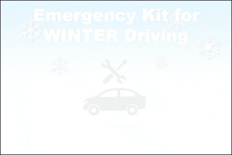 Emergency kit for WINTER Driving. ice scraper, flashlight, bottled water, blanket, flares, snacks, first aid kit, batteries, jumper cables. Keep workers safe on the road in all weather. www.cdc.gov/niosh/motorvehicle/