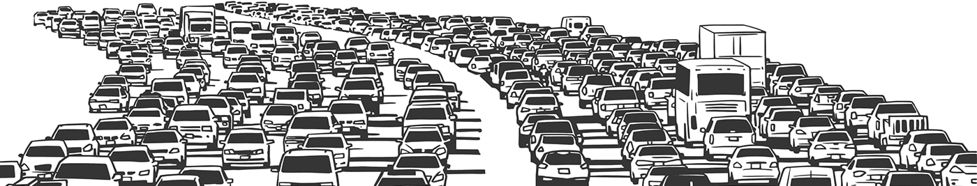 Illustration of rush hour traffic jam on freeway in black and white 
