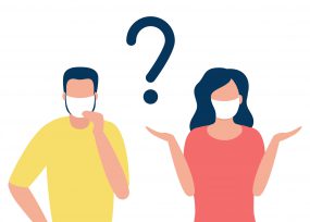 abstract man and woman in respiratory masks with question mark