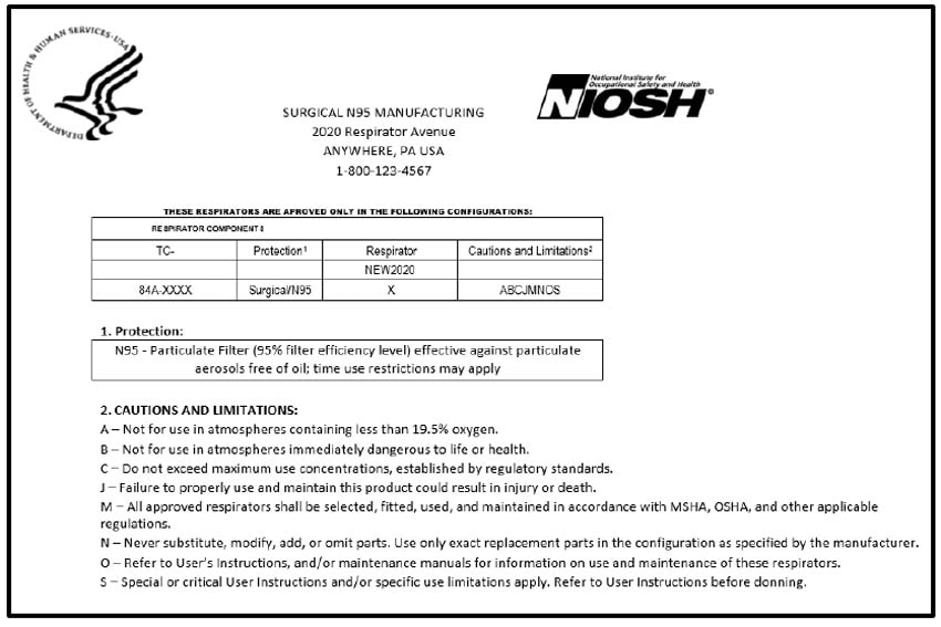 Figure 2: Example of a NIOSH surgical N95 full respirator approval label, often located on or within the packaging.