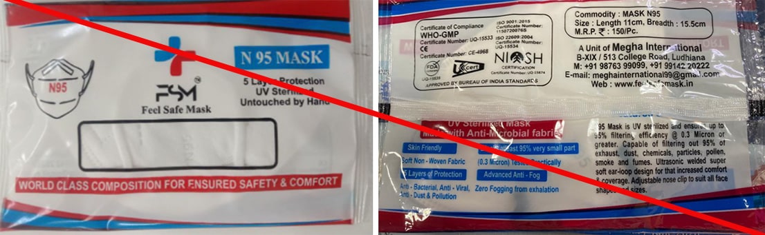 This is an example of a misrepresentation of a NIOSH approval. Megha International is marketing the Feel Safe Mask N95 in a package marked NIOSH Certification. 