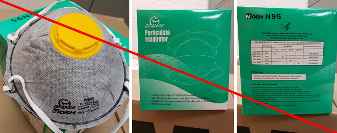 This is an example of a misrepresentation of a NIOSH-approved product. Products made by Jiangyin Chang-hung Industrial or labeled GRANDE are NOT NIOSH approved. None of the numbers listed on this packaging, TC-84A-4503, -84A-4639, -84A-4643, -84A-4646, are a valid NIOSH approval number. (5/14/2020)