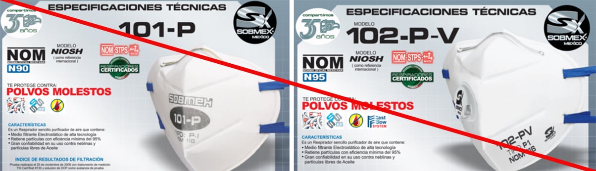 This is an example of a misrepresentation of a NIOSH approval. Sobmex is marketing numerous filtering facepiece respirators with NIOSH listed on the technical specifications sheet, but Sobmex is not a NIOSH approval holder or private label assignee. Sobmex respirators are NOT NIOSH approved.