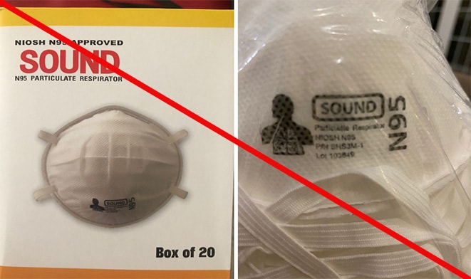 This is an example of a counterfeit respirator using Shanghai Dasheng Health Products Manufacture Co. Ltd’s (SDH) NIOSH approval number, TC 84A-4335, without their permission. SOUND is not a NIOSH approval holder or a private label holder. (4/28/2020)