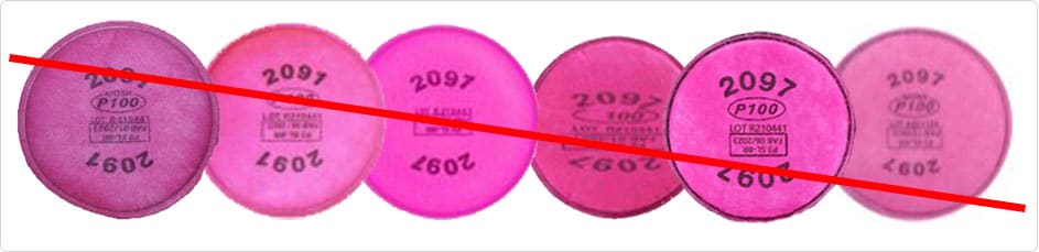 Examples of counterfeit filters using the same part numbers associated with authentic NIOSH Approved 3M P100 filters