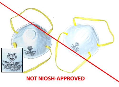 Figure 7 is an example of two counterfeit respirators. Valpro Safety is selling the Ranger 821 and Ranger 821V respirators using the 3M approval number (TC-84A-007) and label without 3M's permission. (6/19/19)