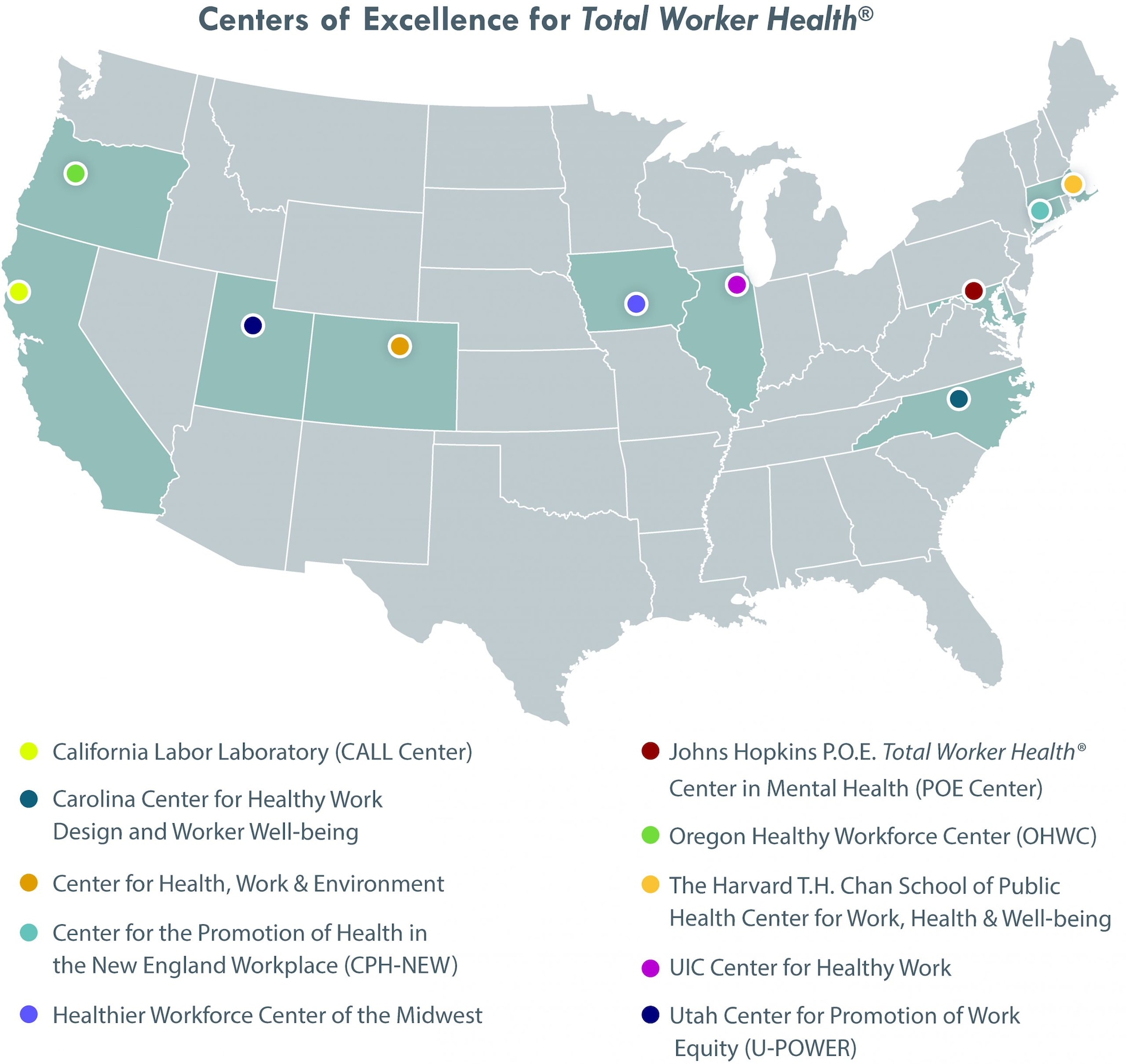 Map of the USA with the dots showing the Centers of Excellence for Total Worker Health across ten states.