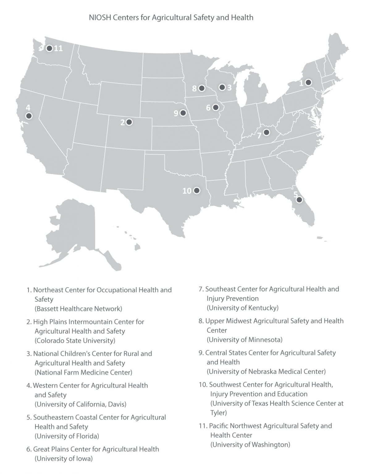 NIOSH Centers for Agricultural Safety and Health Map of USA