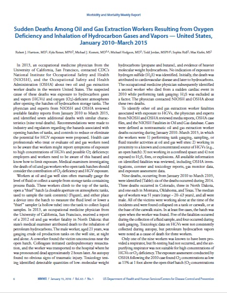 Sudden Deaths Among Oil and Gas Extraction Workers Resulting from Oxygen Deficiency and Inhalation of Hydrocarbon Gases and Vapors — United States, January 2010–March 2015