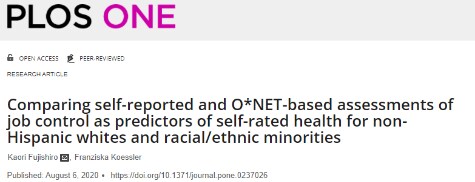 Screenshot of the published article, titled "Comparing self-reported and O*NET-based assessments of job control as predictors of self-rated health for non-Hispanic whites and racial/ethnic minorities.