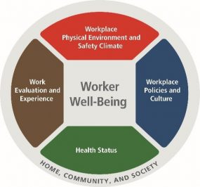 Graphic of the 5 domains of worker well-being: work evaluation and experience; workplace policies and culture; workplace physical environment and safety climate; health status; and home, community, and society OR Bar graph showing the 5 domains or worker well-being as identified by NIOSH and the RAND Corporation.