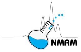 NMAM Logo with Scientific flask half filled with blue liquid
