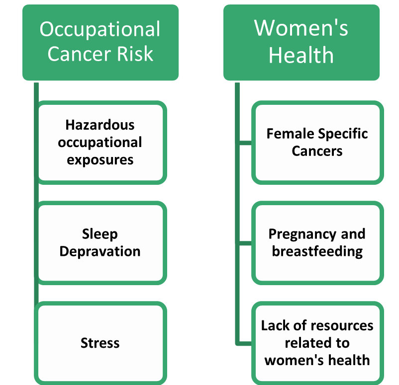 chart demonstrating most common concerns among female firefighters including stress, cancer, pregnancy, sleep deprivation, and more