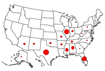 Map of the U.S showing where hospitals that participate in PPE monitoring are located. Texas, Florida, Illinois, and Alabama have the greatest number of hospitals participating