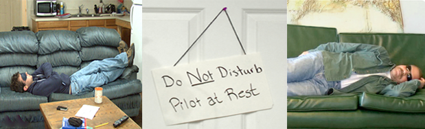 Pilots wearing eye mask and sunglasses nap on couches, a sign advises that pilots are at rest.