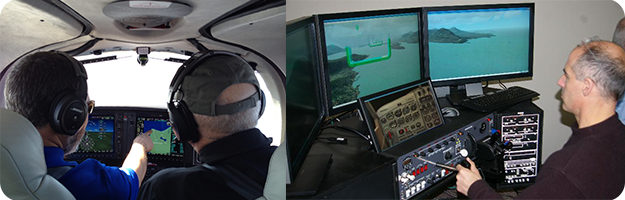 Pilot receives instruction on multifunction display, pilot flies flight simulator.
