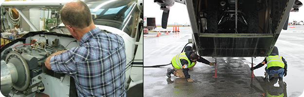 Mechanic works on aircraft engine, workers place tail stands under aircraft in preparation for loading. Photo credit - NIOSH