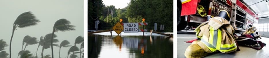 hurricane swaying palm trees, flooding with road closed sign, firefighter equipment