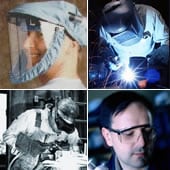 workers wearing a face shield, a welding helmet, a pair of shaded goggles, and safety glasses