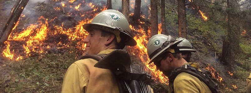 Members of the Wyoming Wildland Firefighter Hotshot Crew monitor burn as it makes its way down a hillside. Image courtesy of US Forest Service Technology and Development Program.