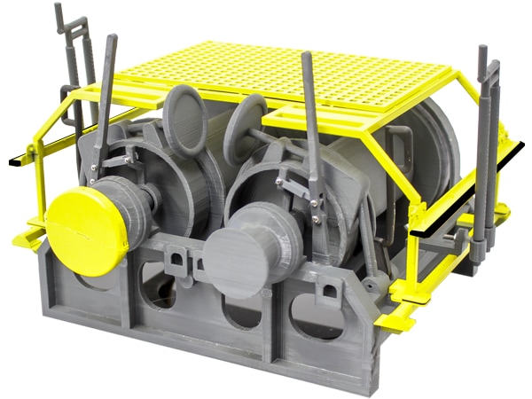 3D printed model of a McElroy 505 winch with guarding and cat-head spin-cap guard (yellow)