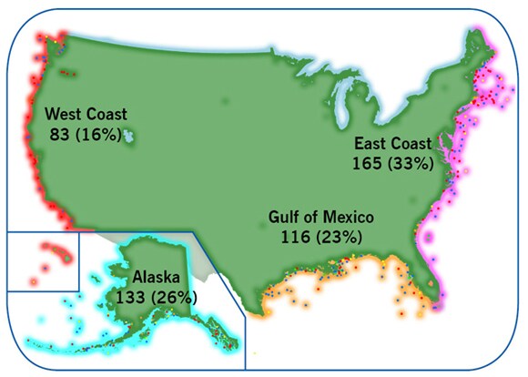 U.S. Commercial Fishing Fatalities by Region 2000-2009 (504 Total)