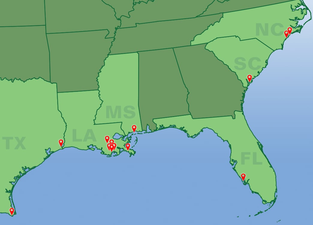 This map of the Southeastern United States marks the locations of NIOSH test boats with prototype safety systems installed.