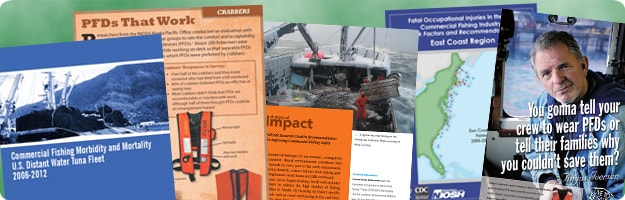 A collage featuring cover images from a variety of NIOSH commercial fishing safety publications.
