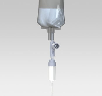 Graphic rendering of a CSTD bag or infusion adapter attached to an IV bag (Credit: Graeham Heil, CDC/NIOSH).
