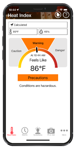 IPhone front view showing the OSHA NIOSH Heat Safety tool. Screen reads feels like 112 degrees with orange button
