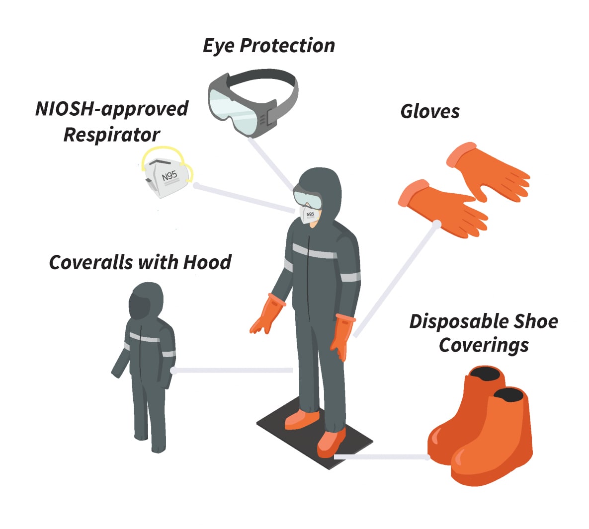 Person wearing eye protection, NIOSH approved respirator, gloves, coveralls with hood, and disposable shoe coverings.