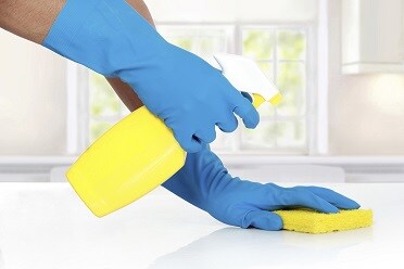 gloved hands with spray bottle and sponge