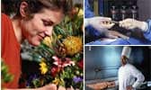 woman smelling flowers, latex gloves, chef cooking over hot grill