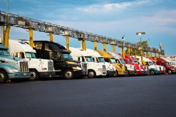 line of parked tractor/trailer rigs