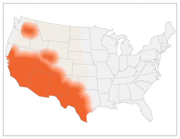 Estimated areas with Valley Fever U.S map