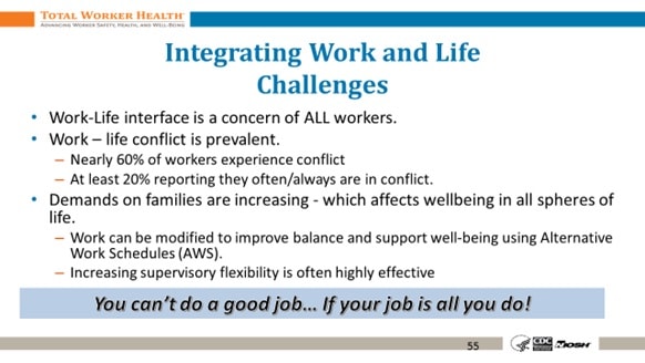 Slide from the Healthier Supervision training encouraging supervisors to be flexible with regard to work-life balance.