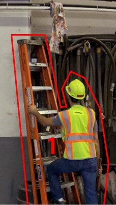 Highlighting hazards, such as a worker climbing a ladder in an unsafe manner.