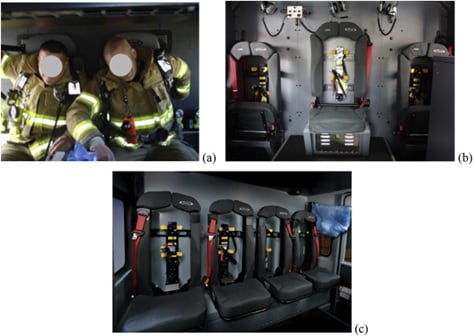 Image “a” shows the challenge that firefighters have sitting in a row in their turnout gear. Images “b” and “c” show three and four-forward facing crew seats (22’’ wide) along the rear wall of the fire cab, respectively. The seats shown are in current fire trucks. Enlarging the seats from 22’’ to 28.9’’ would allow for three seats and enable firefighters to fasten seatbelts easier in turnout gear. This is a practical and cost-reasonable solution for seats along the rear wall. 