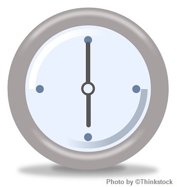 A logo of a clock with time of 6 o'clock