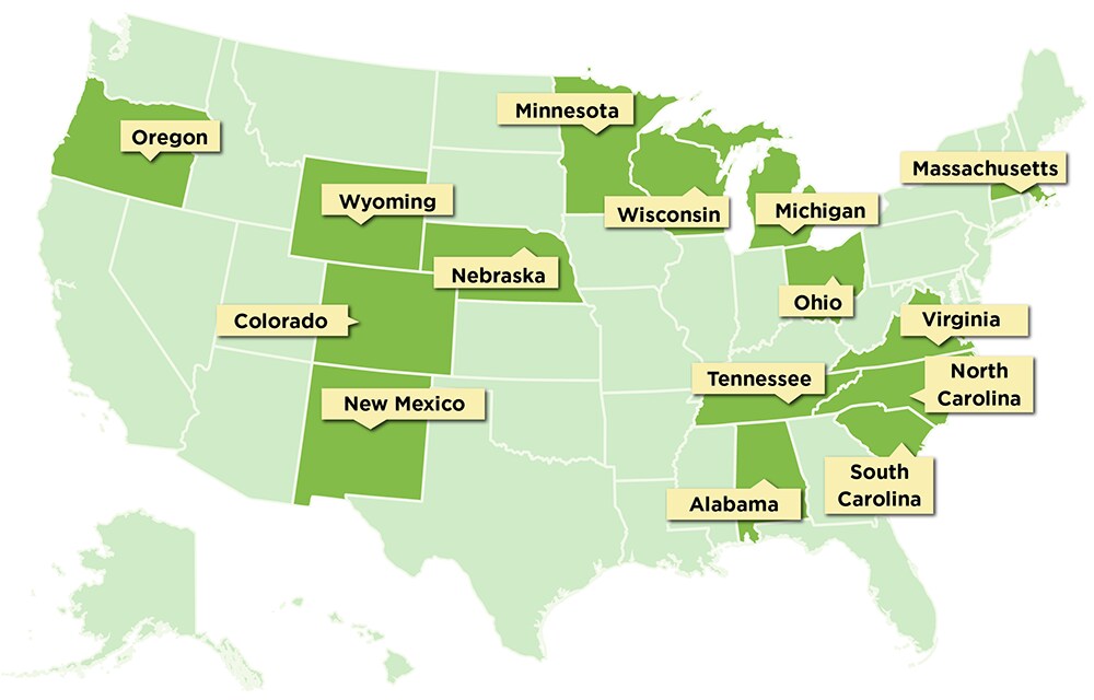 State Health Departments Participating in NoroSTAT: Massachusetts, Michigan, Minnesota, New Mexico, Ohio, Oregon, South Carolina, Tennessee, Virginia, Wisconsin, and Wyoming