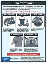 Image shows that you can protect yourself and elderly residents from norovirus by washing your hands, disinfecting surfaces with a bleach-based cleaner, washing soiled laundry immediately and tumbling dry, using a gown and gloves when caring for patients, and staying home when you’re sick.
