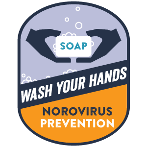 hands holding soap, wash your hands, norovirus prevention badge