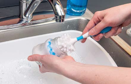 Take apart all items and put them into your wash basin. NEVER put items directly in a sink. Germs in the sink can make your baby sick.