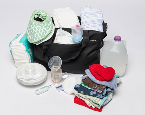 A diaper bag filled with emergency supplies