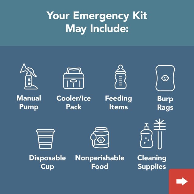 Your emergency kit may include: Manual pump, cooler/ice pack, feeding items, burp rags,cleaning supplies disposable cup,  nonperishable foods,