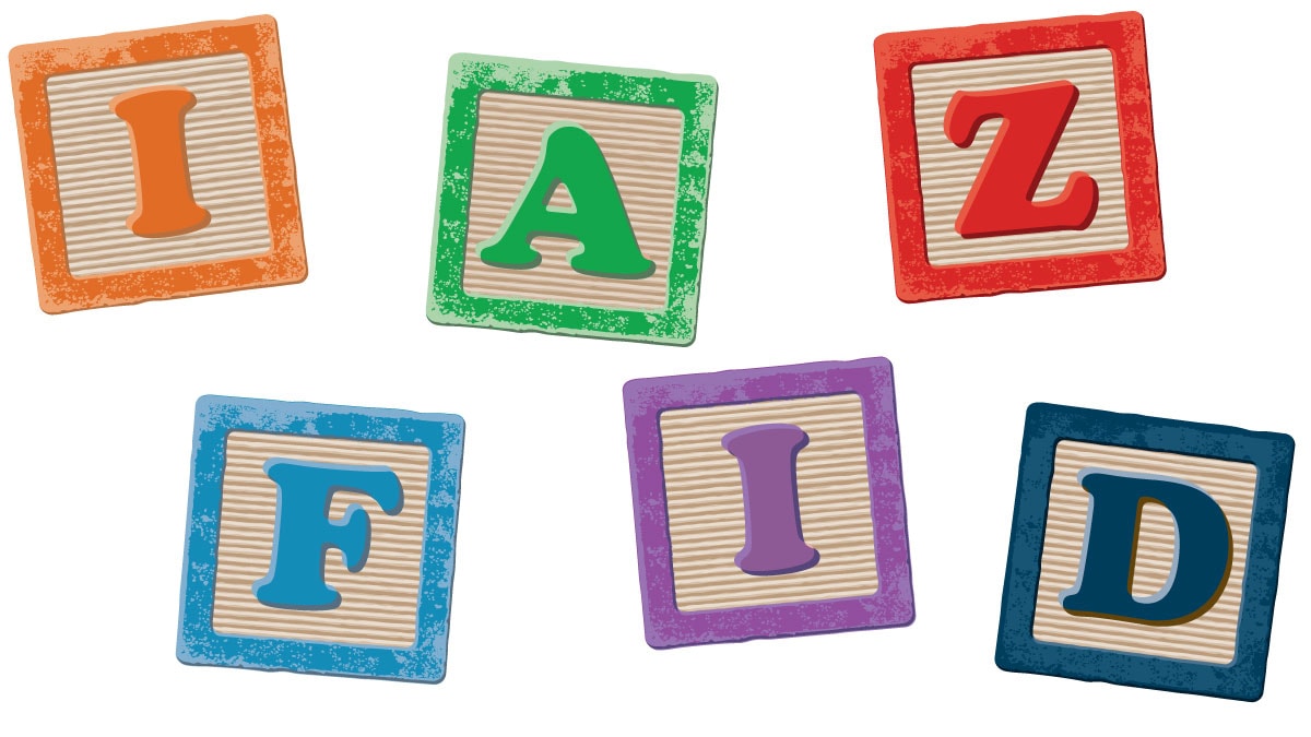 Six children's blocks in different colors with the letters I, A, Z, F, and D. The letter I is repeated.