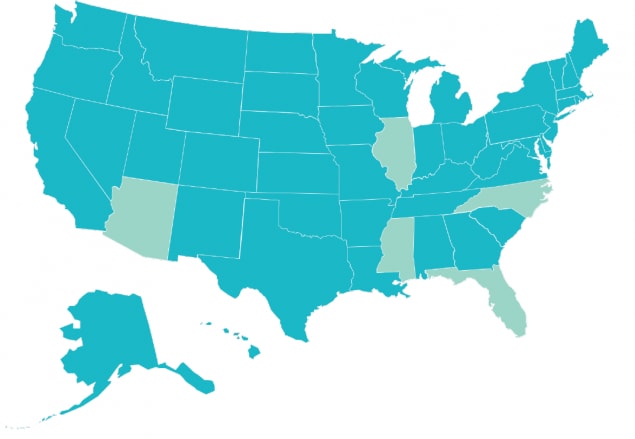 U.S. map with Florida, Mississippi, North Carolina, Illinois, and Arizona highlighted.