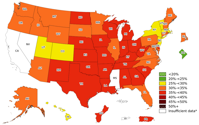 Color coded U.S. map showing state prevalence of adult obesity. Data used for the map is on a chart on this page.