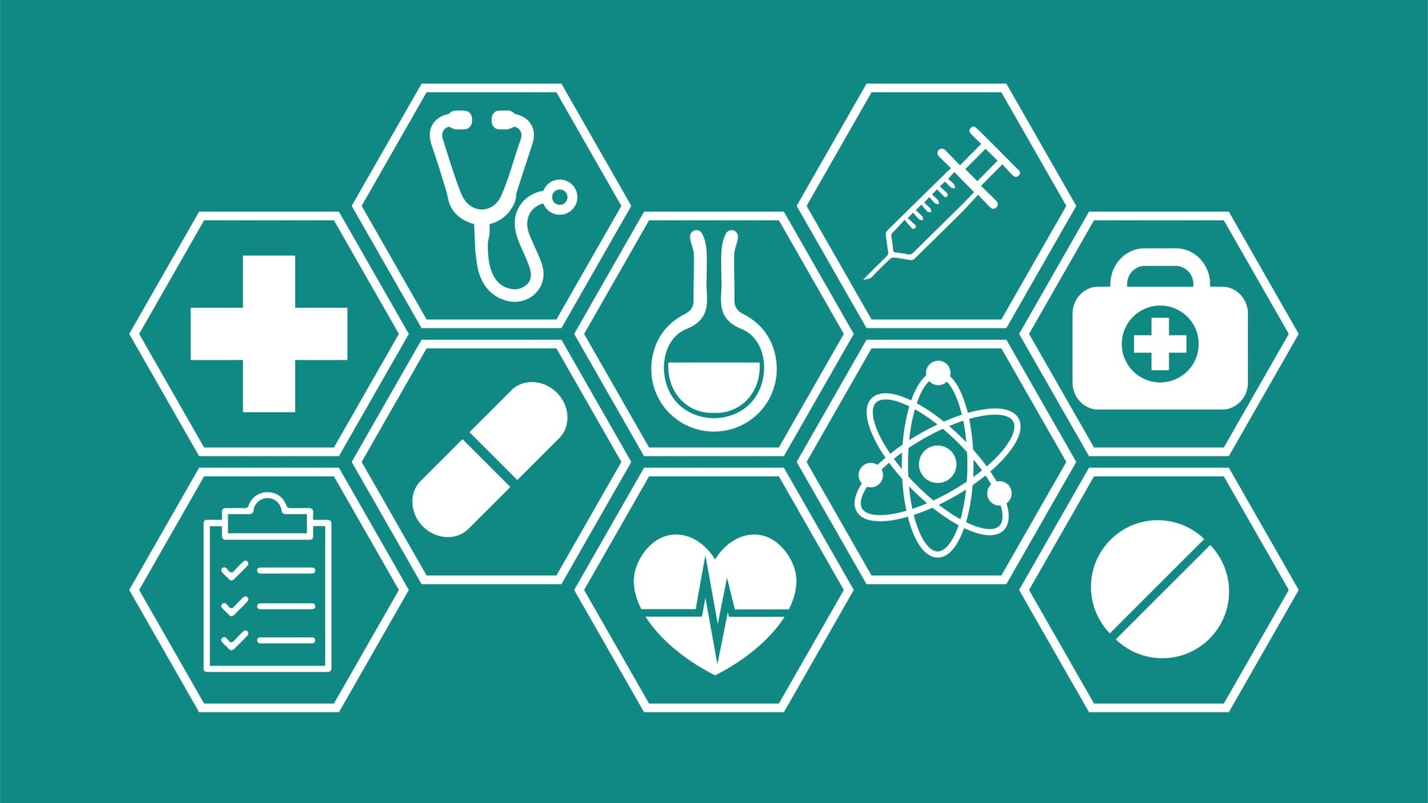 10 icons of health care images, such as a stethoscope and medications.
