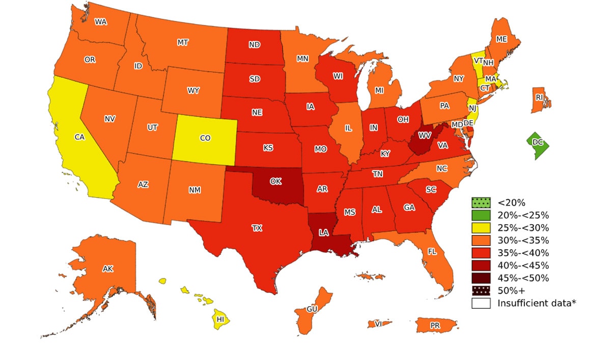 Color coded US map showing state prevalence of adult obesity. Data used for the map is on a chart on this page.